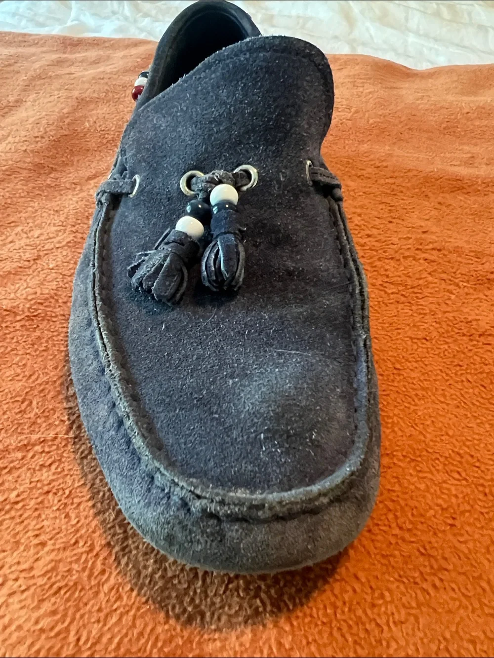 Gucci Navy Suede Tassel Loafers with Bead Accents 212190